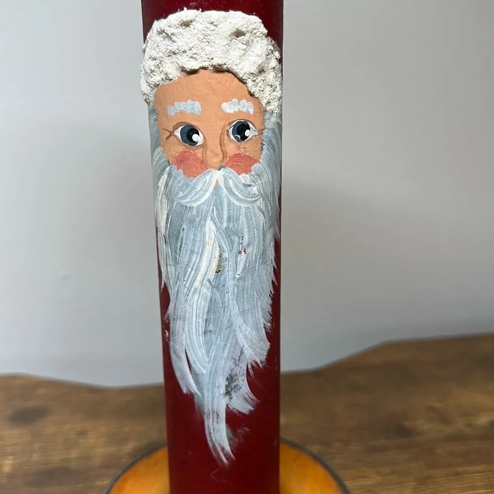 Wooden Bobbin with etched and Painted‎ Santa unknown artist unsigned can